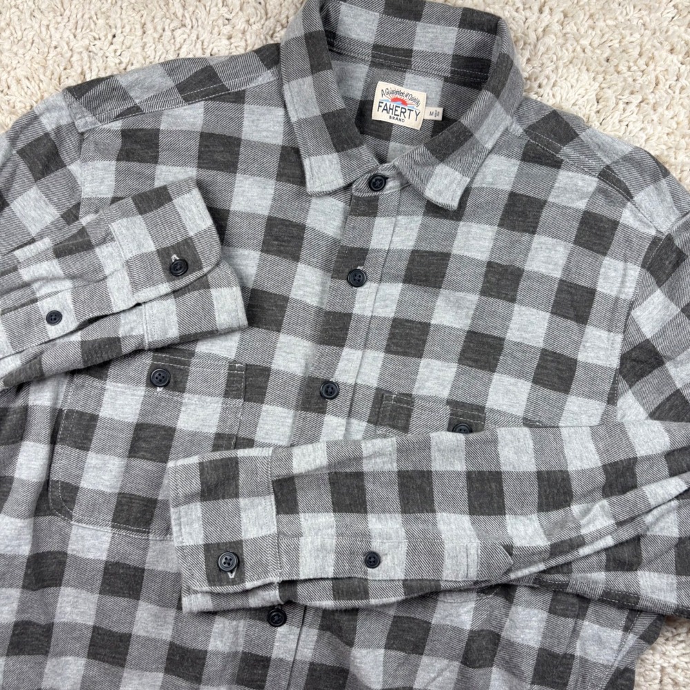 Faherty Men Button Down Shirt Medium Gray‎ Buffalo Plaid Organic Cotton Coastal